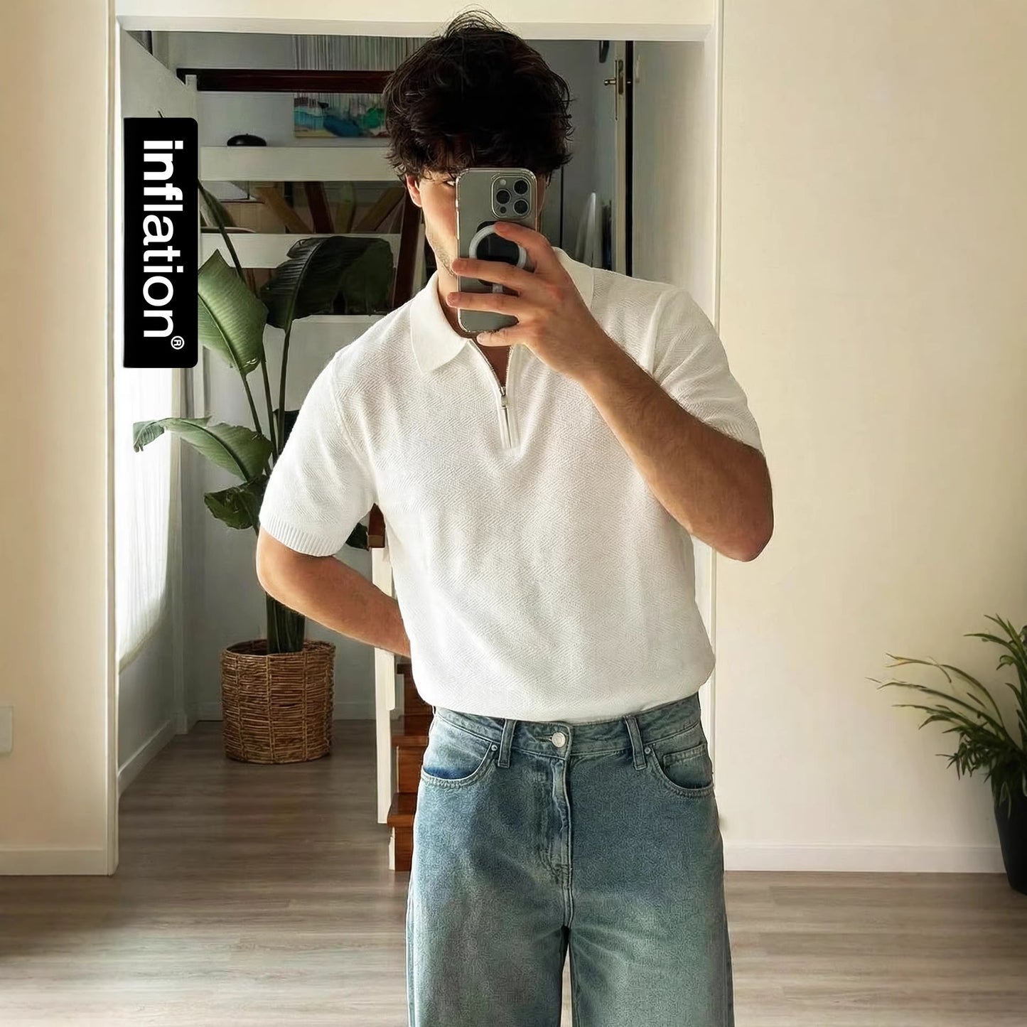 Mens Wear Textured Knitted Short-Sleeve Polo Shirt