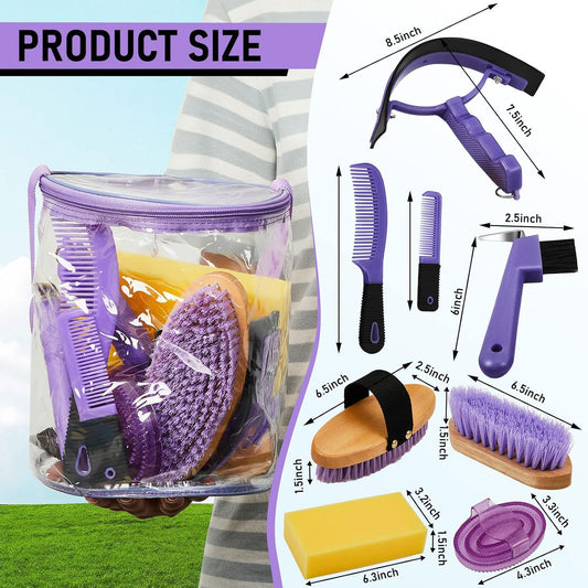 Cunhill 9 Pcs Horse Grooming Kit Tack Room Supplies Set with Tote Bag, Oval Massage Curry, Hard and Soft Brush, Hoof Pick, Sweat Scraper, Bathing Sponge, Comb for Horse Rider(Cute,Purple)